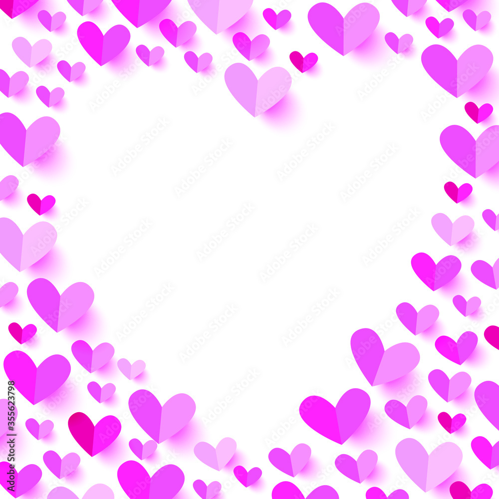 Background with paper hearts laid out in the shape of  heart, frame of hearts for greetin card