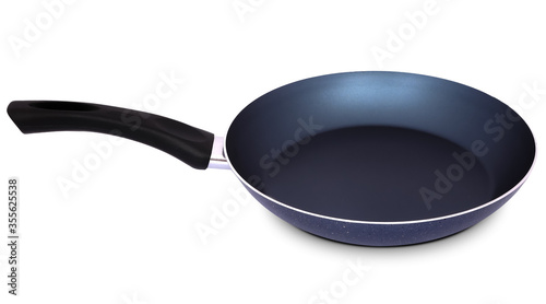 Blue frying pan with nonstick surface isolated on white background, close-up, side view