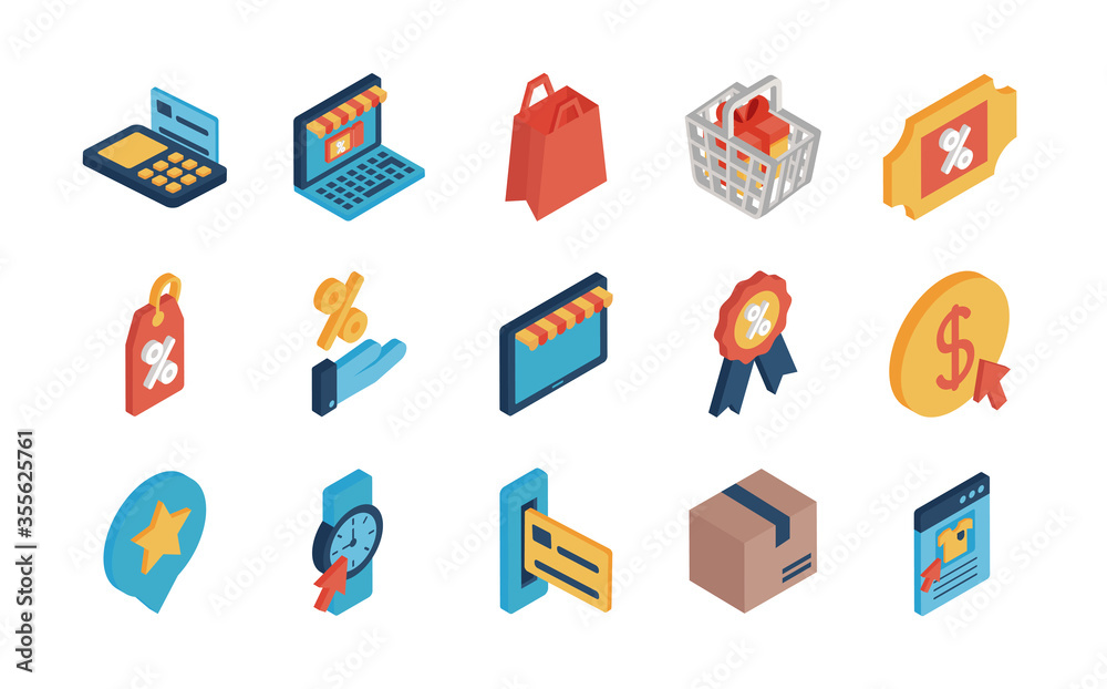 Shopping online isometric style icon set vector design Shopping online isometric style icon set vector design