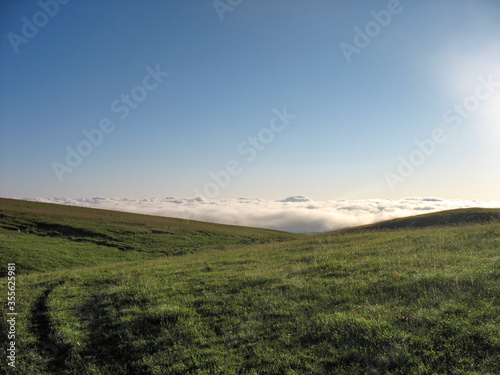 Green meadow above the clouds