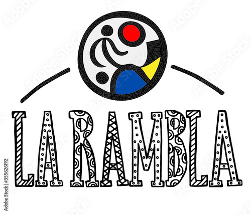 Vector illustration of words La Rambla with font decor and mosaic icon for souvenir products, postcard, tourist guide, icon or emblem and advertising. Hand lettering.