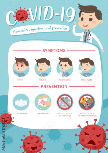 A cartoon doctor is showing corona virus symptoms and prevention