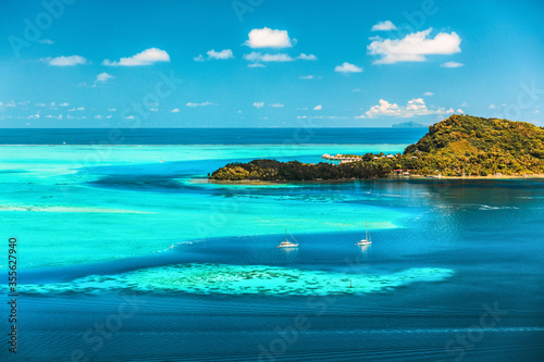 Bora bora Tahiti travel honeymoon destination luxury resort holiday aerial landscape in French Polynesia. Blue