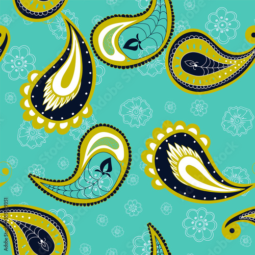 Green and Blue Flower Indian Vector Seamless 