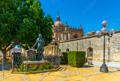 Statue of Tio Pepe in front of the cathedral of holy saviour in Jerez de la Frontera, Spain