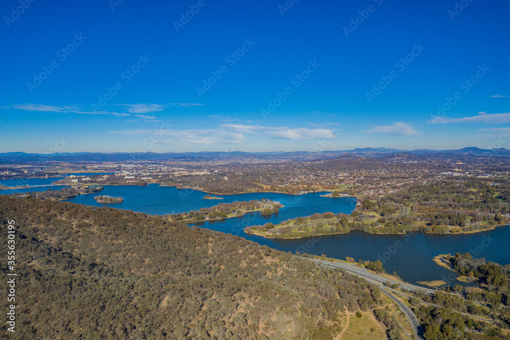 Aerial panoramic view of Lake Burley Griffin in Canberra, the Capital of Australia on a sunny day 
