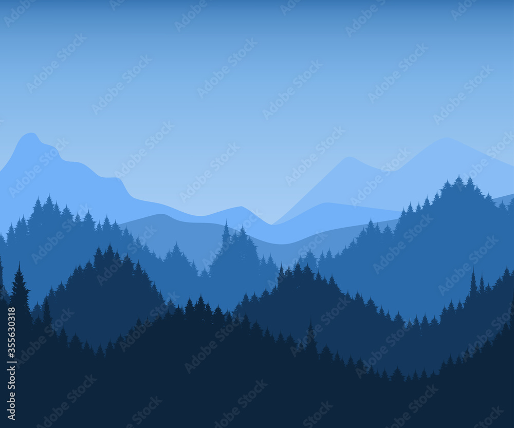 Dark blue mountain landscape with forest background.
