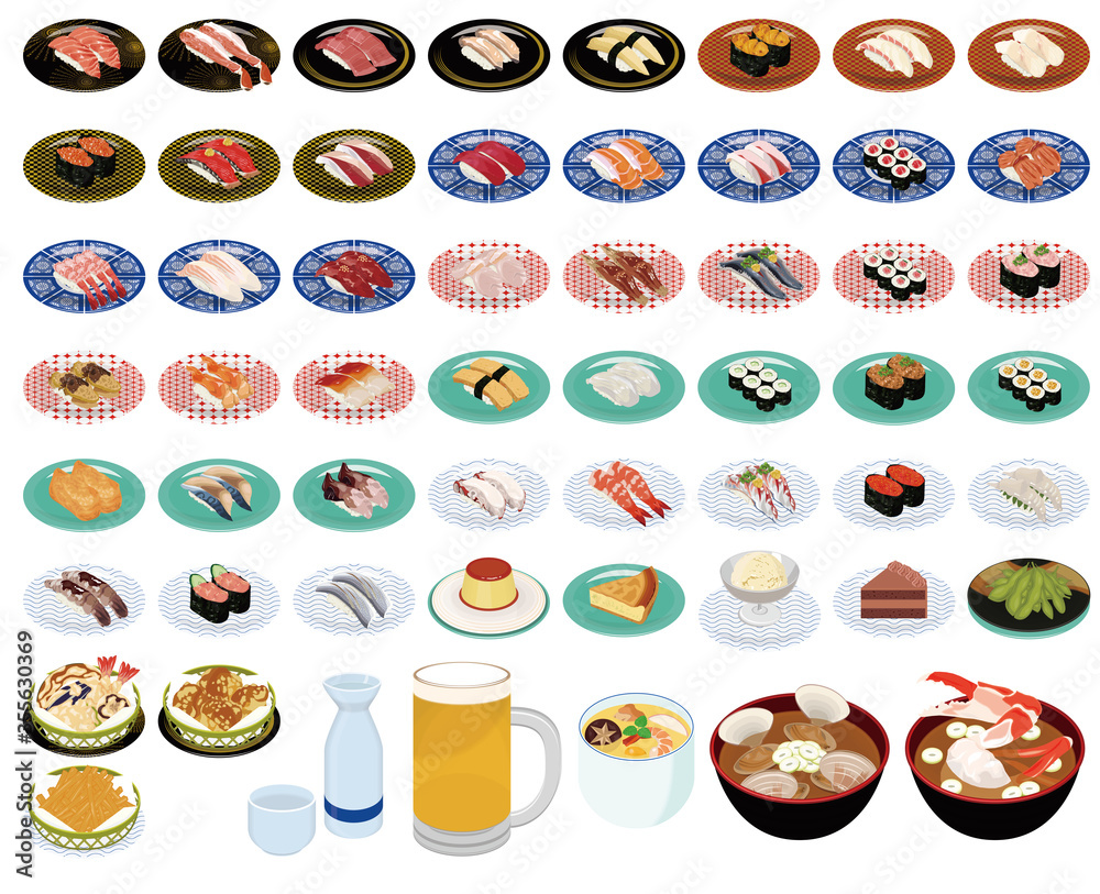 回転寿司の人気メニューイラスト まぐろ いくら うに 天ぷら 茶碗蒸し Stock イラスト Adobe Stock