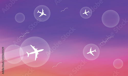 Bubble travel Airplane white smoke contrail tail in bubble colourful background vector