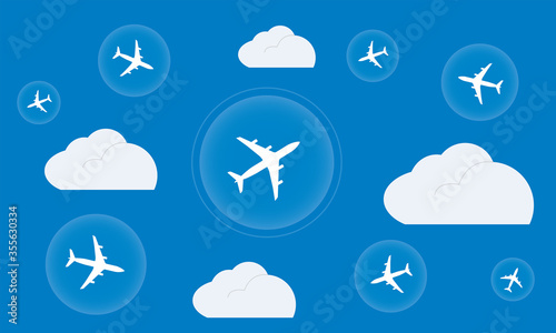 Bubble travel Airplane white smoke contrail tail in bubble blue background vector