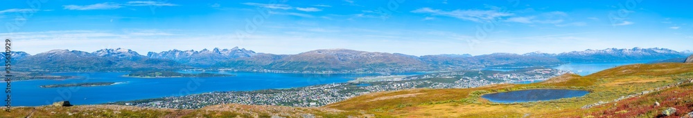 Panoramic aerial view of Tromso, surrounding hills and Tromsoysundet strait in Norway