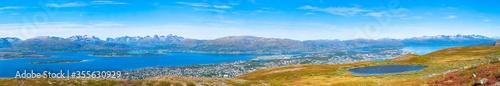 Panoramic aerial view of Tromso, surrounding hills and Tromsoysundet strait in Norway
