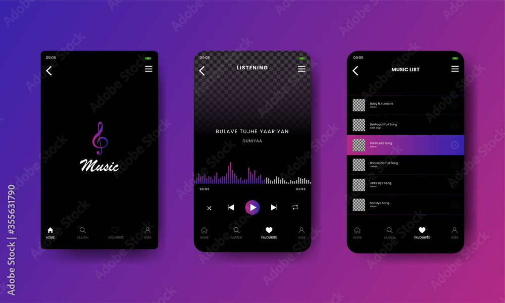 mobile music app design, ui design, Mobile music application interface design concept isolated on dark background flat vector illustration