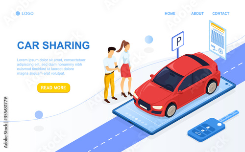 A young attractive couple uses a car sharing service for city transportation. A man and a woman are waiting for a sharing vehicle. Mobile car sharing application. 3d Isometric Vector Illustration