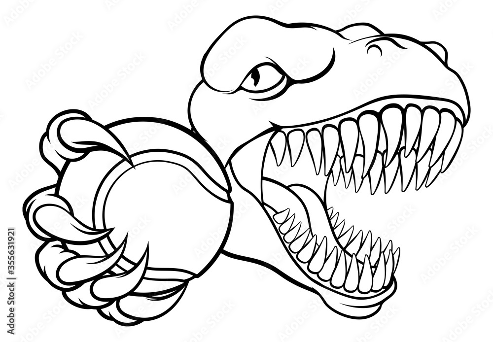 A dinosaur T Rex or raptor tennis player cartoon animal sports mascot holding a ball in its claw A dinosaur T Rex or raptor tennis player cartoon animal sports mascot holding a ball in its claw