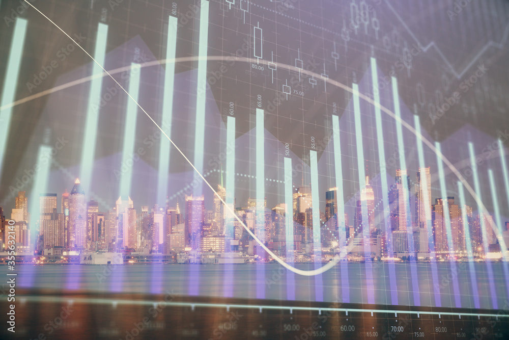 Financial graph on night city scape with tall buildings background double exposure. Analysis concept.
