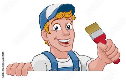 A painter decorator construction handyman cartoon man holding a paintbrush brush and peeking over a sign