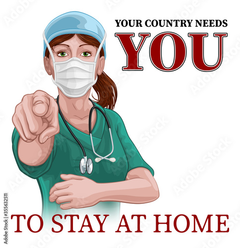 Canvas Print A woman nurse or doctor in surgical or hospital scrubs and mask pointing in a your country needs or wants you gesture