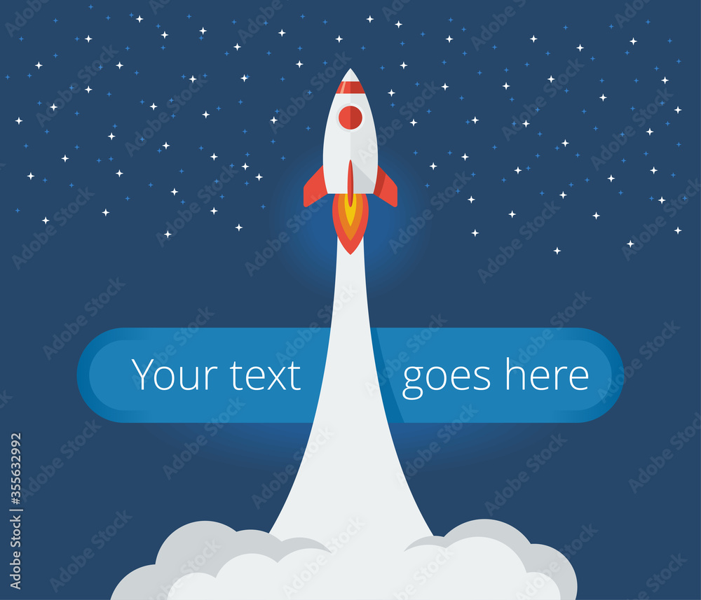 Rocket launch into space - cartoon spaceship with smoky track fly in night sky with stars - vector illustration 