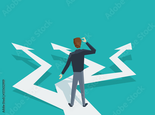 Man in low poly style at crossroads before important choice (correct decision choosing) - vector illustration for business concept or political voting