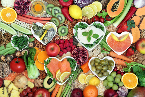Fototapeta Naklejka Na Ścianę i Meble -  Immune boosting vegan health food collection with foods high in protein, smart carbs, anthocyanins, vitamins, minerals, antioxidants, omega 3 and fibre. Healthy ethical eating concept.  Flat lay.