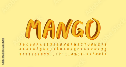 Modern alphabet paintbrush font. Uppercase and lowercase letters, numbers. Original lettering style for mango food marketing. Vector illustration