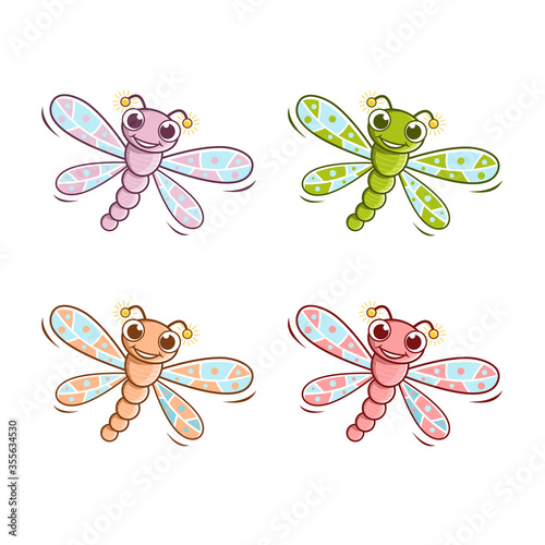 Dragonfly Vector Illustration Logo Set. Mascot/Character Cartoon Design.