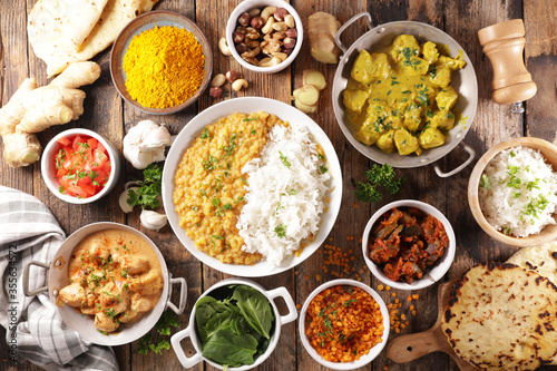 assorted indian food cuisine- curry food,rice, chicken assorted