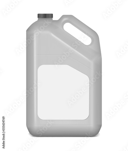 Plastic canister with white blank label, mockup. Jerry can, vector mock-up. Large bottle with handle and screw cap, template for design