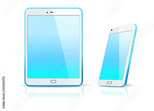 青色のリアルなスマホとタブレット　グラデーションの壁紙