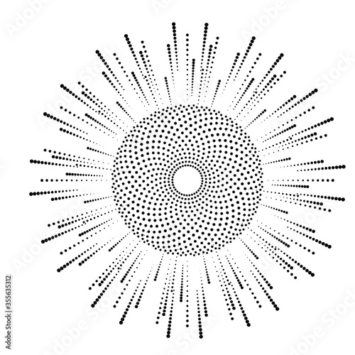 Radial halftone dots in Circle Form for comic books . fireworks Explosion background . Vector Illustration . Starburst
 round Logo . Circular Design element . Abstract Geometric star rays . Sunburst .