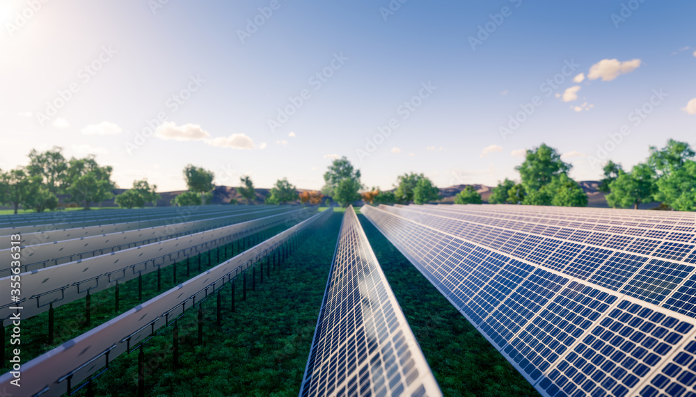 Solar farm or solar power plant consist of solar cell or photovoltaic cell in panel. That is sun business to generate electrical power or direct current electricity by light or sunlight. 3d render.