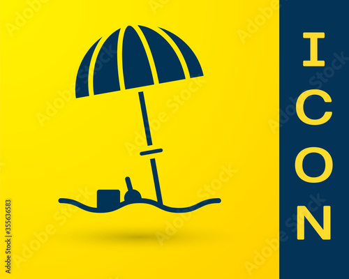 Blue Sun protective umbrella for beach icon isolated on yellow background. Large parasol for outdoor space. Beach umbrella. Vector Illustration.
