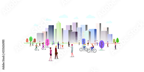 A group of people in the city park. People in various gestures, such as standing, walking, talking with mobile phone. Website header or banner design. Vector illustration.