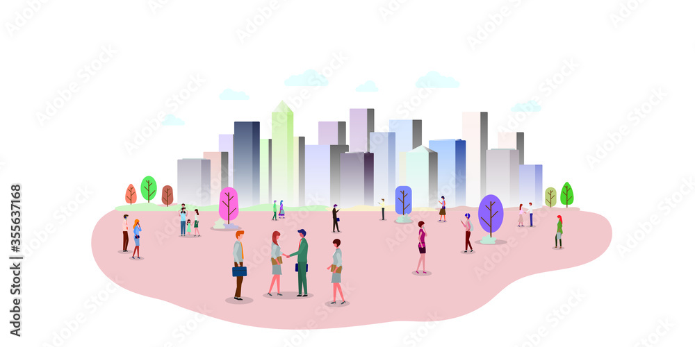 A group of people in the city park. People in various gestures, such as standing, walking, talking with mobile phone. Website header or banner design. Vector illustration. A group of people in the city park. People in various gestures, such as standing, walking, talking with mobile phone. Website header or banner design. Vector illustration.