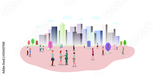 A group of people in the city park. People in various gestures, such as standing, walking, talking with mobile phone. Website header or banner design. Vector illustration.