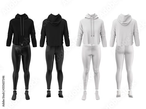 3d illustration of a sports clothing set for women. Front and back view. White and black color. Fashionable sweatshirt, leggings, socks. Template, mockup for design, logo, branding.