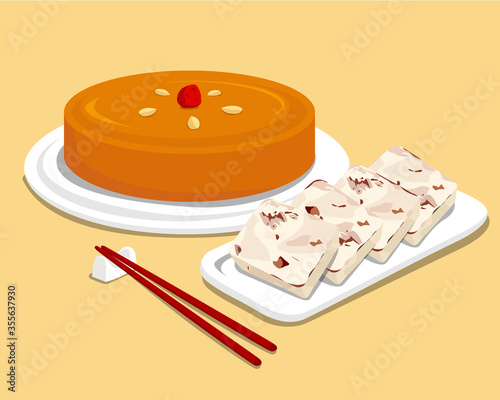 Traditional Chinese New Year Cake and turnip cake (fried radish cake) with chopsticks photo