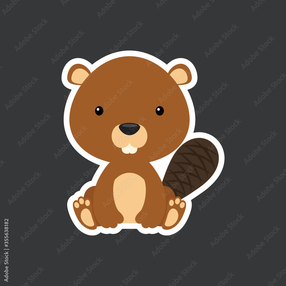 Sticker of cute baby beaver sitting. Adorable woodland animal character for design of album, scrapbook, card, poster, invitation.