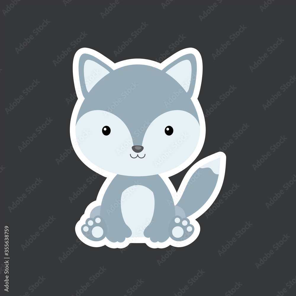 Sticker of cute baby wolf sitting. Adorable woodland animal character for design of album, scrapbook, card, poster, invitation. Sticker of cute baby wolf sitting. Adorable woodland animal character for design of album, scrapbook, card, poster, invitation.