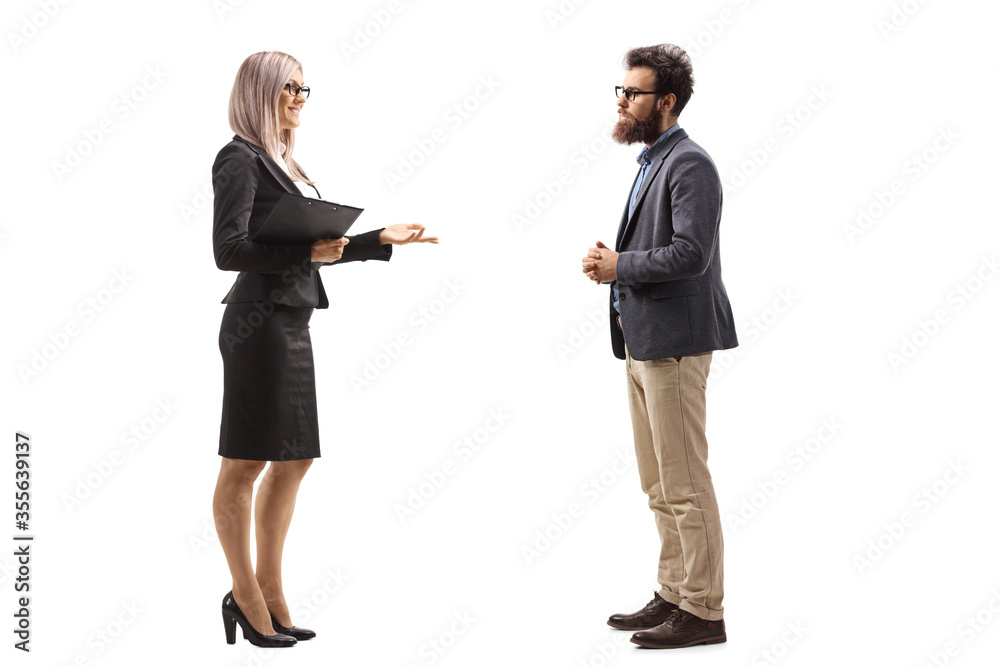 Bearded man and a businesswoman talking Bearded man and a businesswoman talking