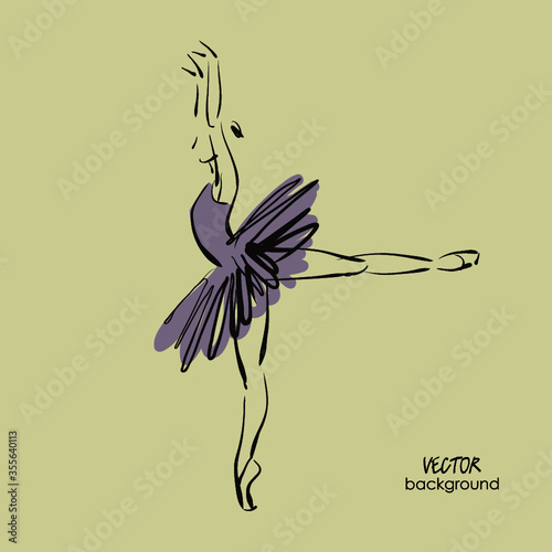 art sketched beautiful young ballerina with tutu in ballet pose on studio