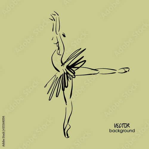 art sketched beautiful young ballerina with tutu in ballet pose on studio
