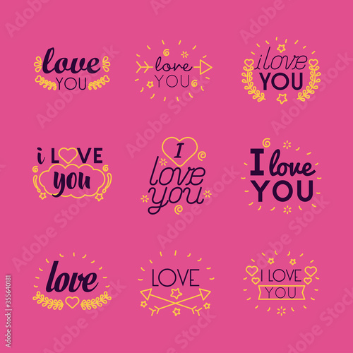 I love you texts line style icon set vector design