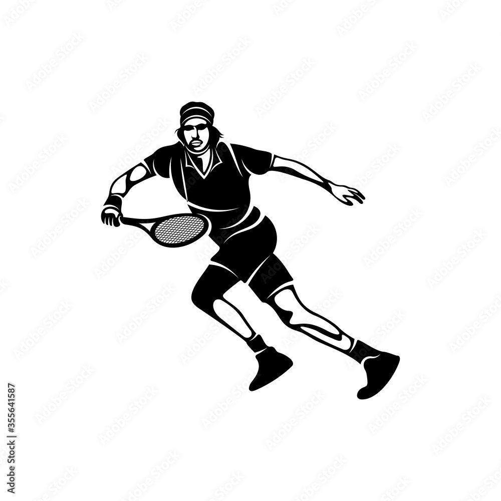 Tennis player stylized logo vector template, Illustration symbol, Silhouette design