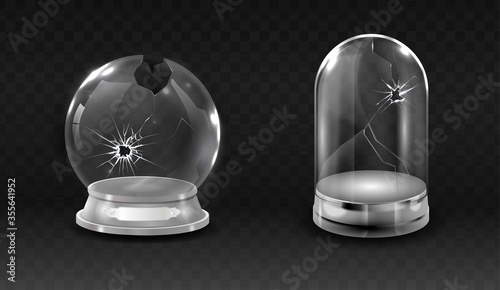 Broken waterglobe, cracked empty,  glass bell jar realistic vector illustration.