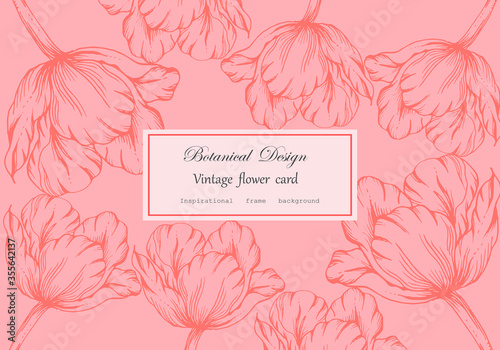 Vector Background Vintage card hand drawn Tulip Flower and leaves Floral wreath floral  frame for flower shop with label design, summer, rose, flower greeting card,  printing,wrapping,background