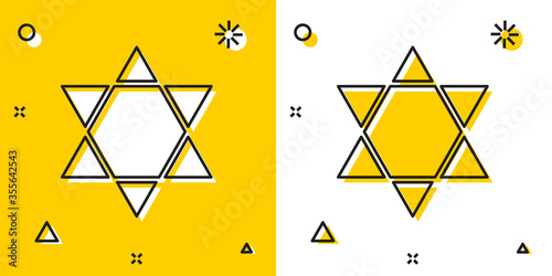 Black Star of David icon isolated on yellow and white background. Jewish religion symbol. Symbol of Israel. Random dynamic shapes. Vector Illustration.