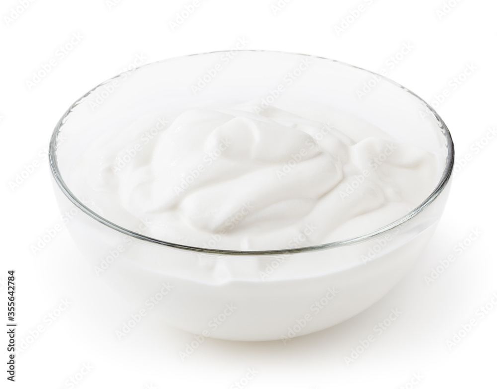 Sour cream in glass bowl isolated on white background with clipping path Sour cream in glass bowl isolated on white background with clipping path