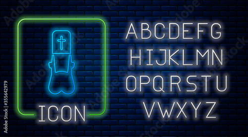 Glowing neon Priest icon isolated on brick wall background. Neon light alphabet. Vector Illustration.
